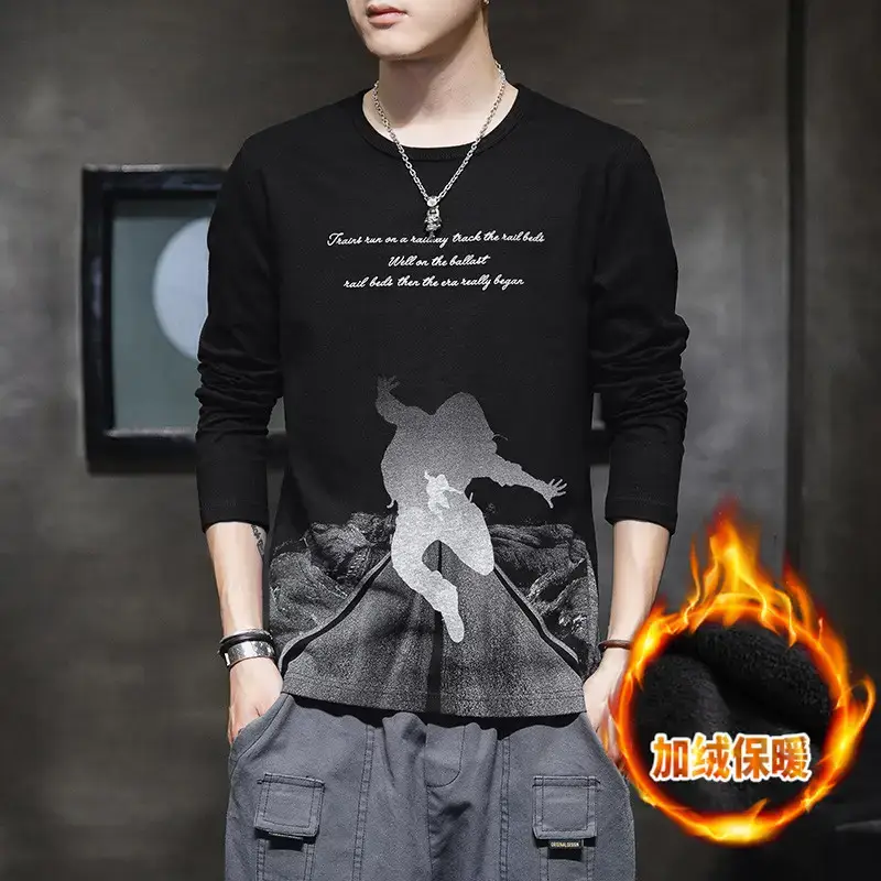 Men Long Sleeve Fleece Lined Warm T-Shirt White - Image 3