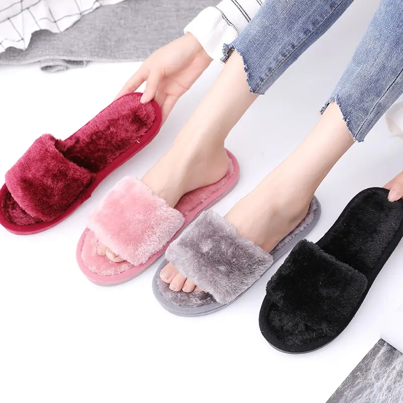 Amazon Cross-Border Open Furry Autumn and Winter Women's Indoor Home Wooden Floor Warm Cotton Slippers Home Slippers