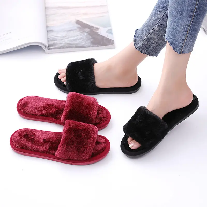 Amazon Cross-Border Open Furry Autumn and Winter Women's Indoor Home Wooden Floor Warm Cotton Slippers Home Slippers