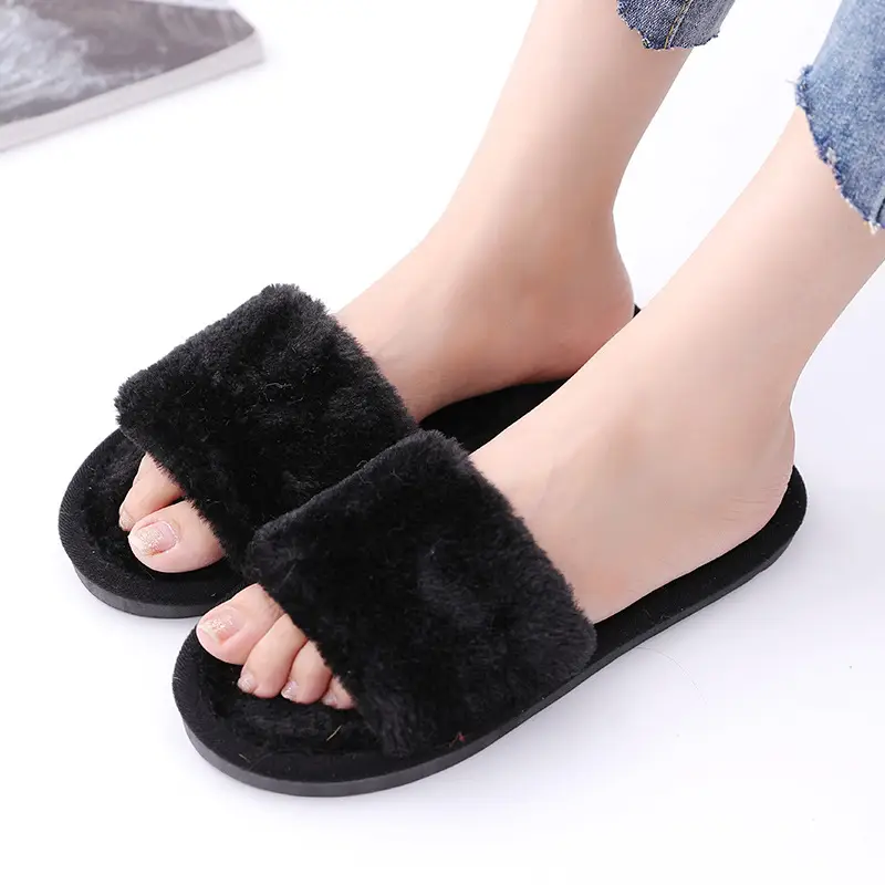 Amazon Cross-Border Open Furry Autumn and Winter Women's Indoor Home Wooden Floor Warm Cotton Slippers Home Slippers