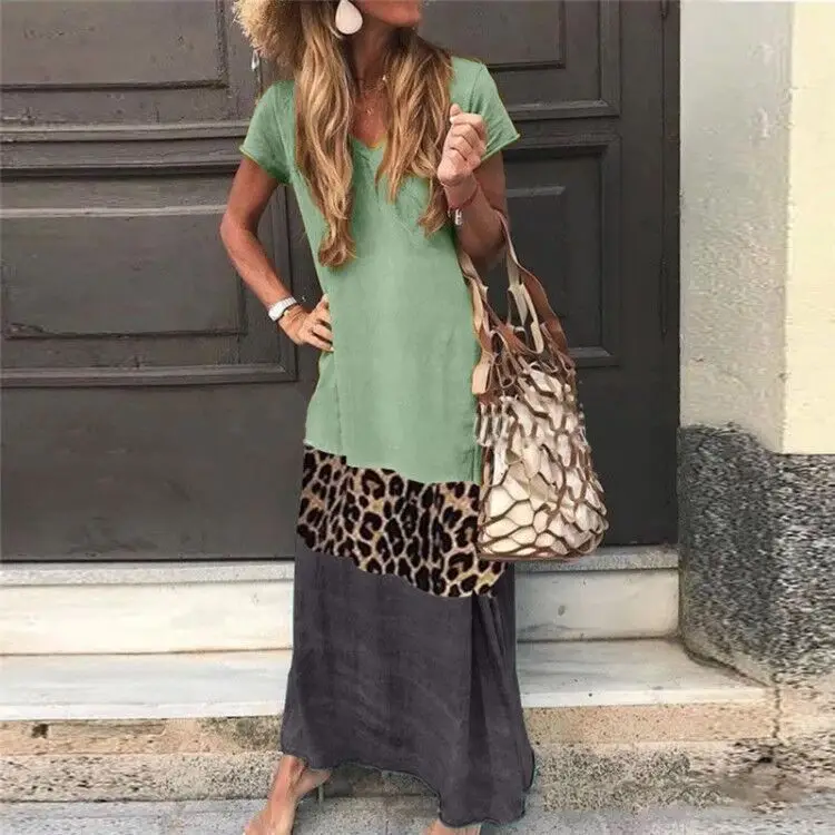 Casual Leopard Print V-Neck Long Dress with Patchwork Sleeve