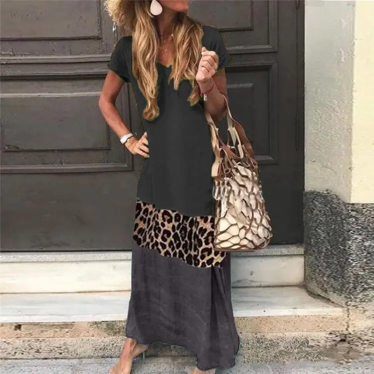 Casual Leopard Print V-Neck Long Dress with Patchwork Sleeve