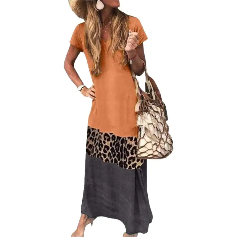 Casual Leopard Print V-Neck Long Dress with Patchwork Sleeve