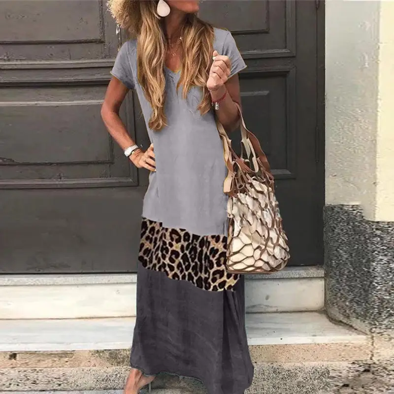 Casual Leopard Print V-Neck Long Dress with Patchwork Sleeve
