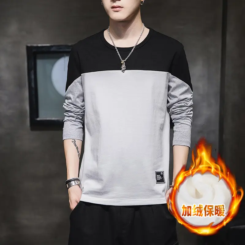 Men's Winter Long Sleeve Fleece T-Shirt Black White Grey