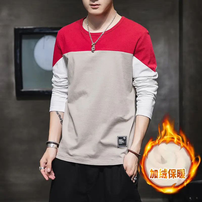 Men's Winter Long Sleeve Fleece T-Shirt Black White Grey