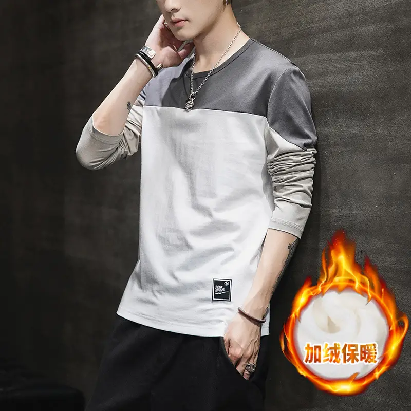 Men's Winter Long Sleeve Fleece T-Shirt Black White Grey