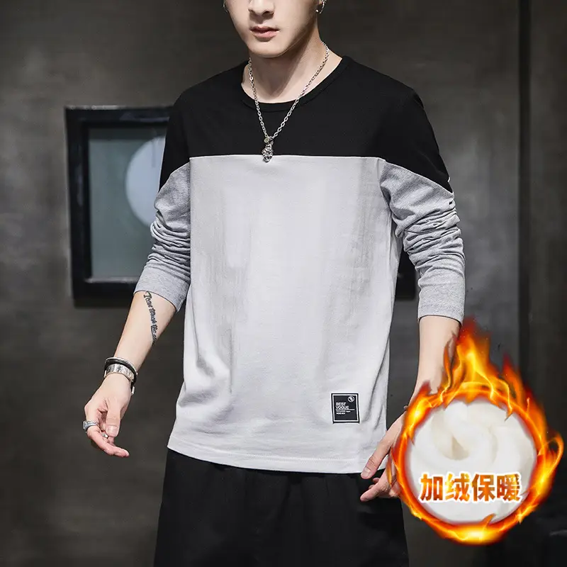 Men's Winter Long Sleeve Fleece T-Shirt Black White Grey