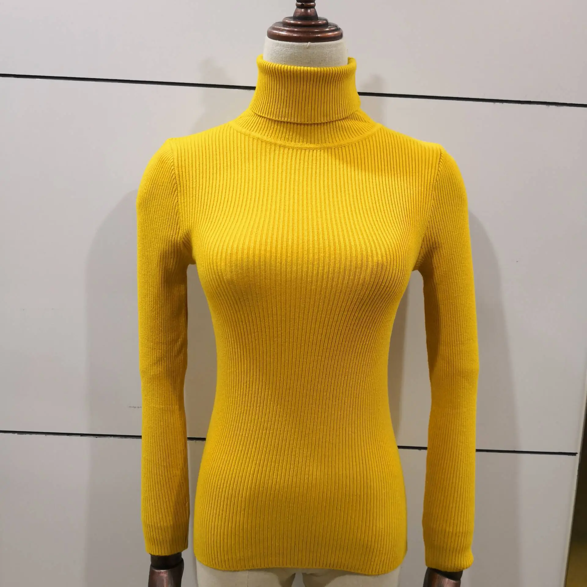 Women's Yellow Turtleneck Slim Fit Knitted Sweater - Image 3