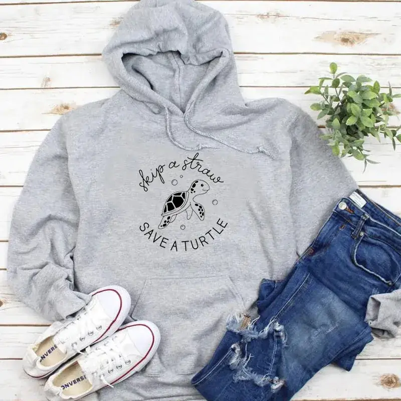 Black Hooded Sweatshirt with Turtle Graphic "Save A Turtle" Design - Image 3