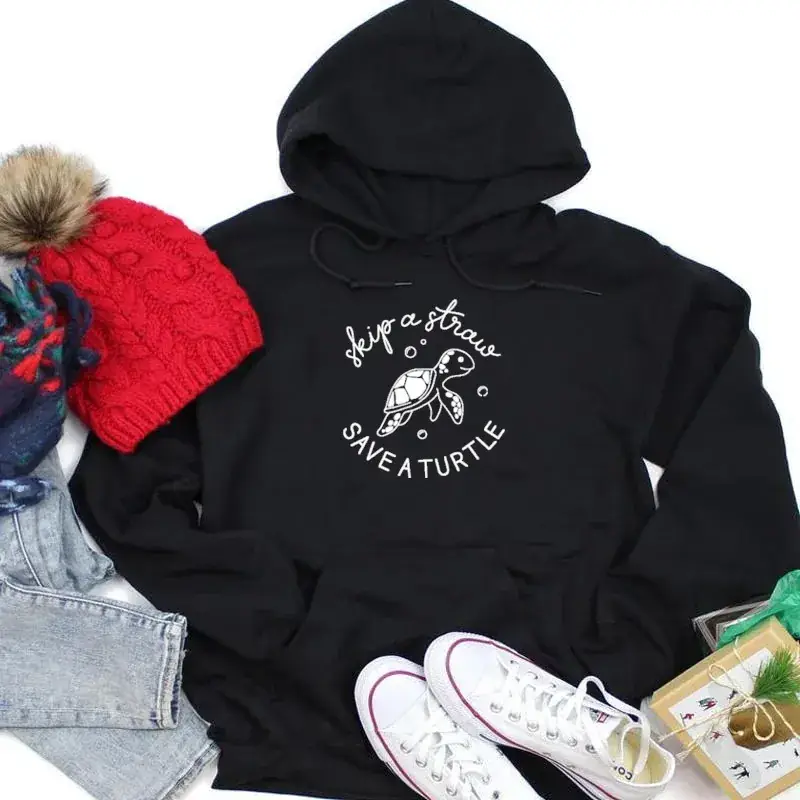 Black Hooded Sweatshirt with Turtle Graphic "Save A Turtle" Design - Image 4