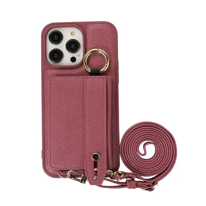 Black Lychee Pattern Phone Case with Crossbody Strap - Image 6