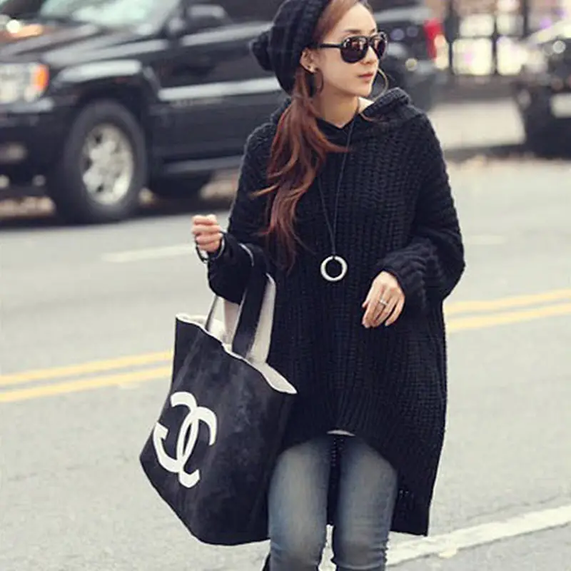 Women Knitted Sweater Coat Black Beige Boots