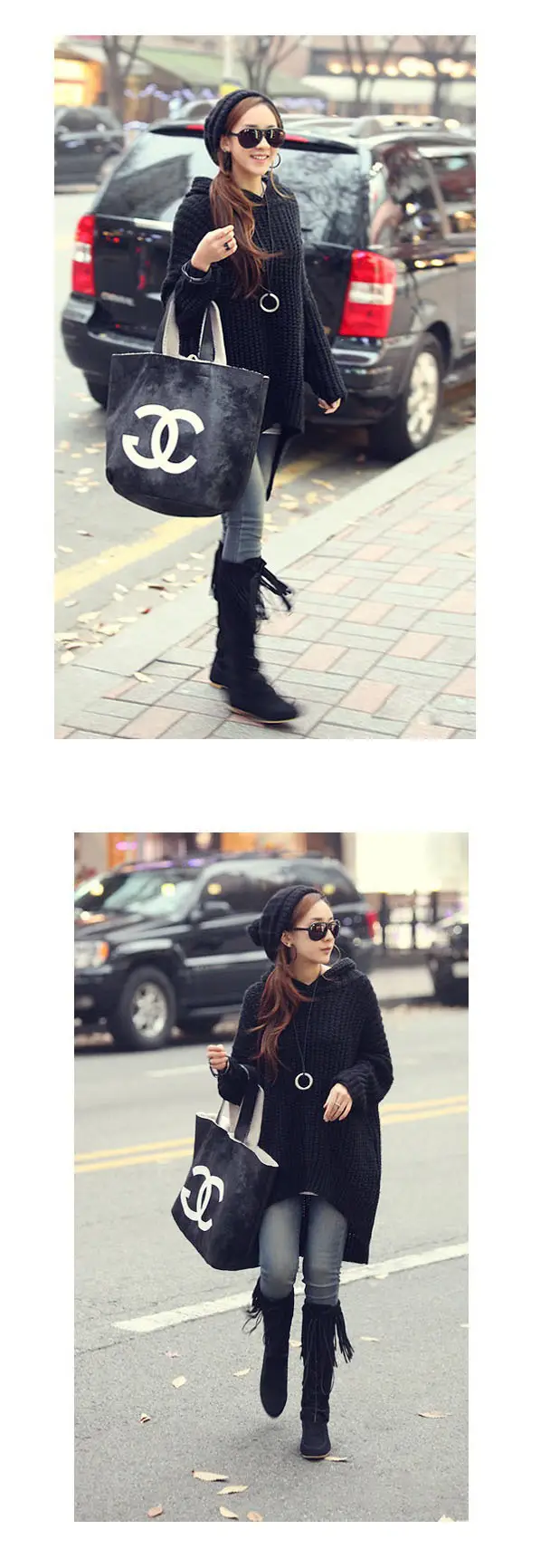 Women Knitted Sweater Coat Black Beige Boots — feature 2