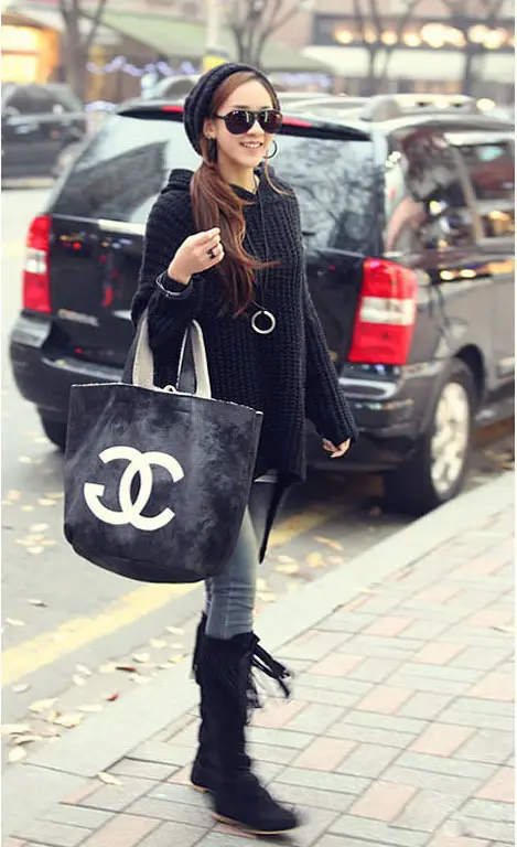 Women Knitted Sweater Coat Black Beige Boots