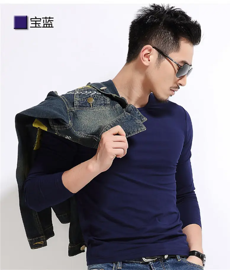 Men Slim Fit Long Sleeve T-Shirt Blue Red - Image 9