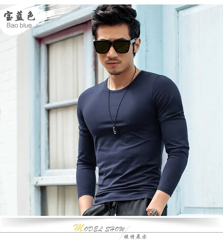 Men Slim Fit Long Sleeve T-Shirt Blue Red - Image 13