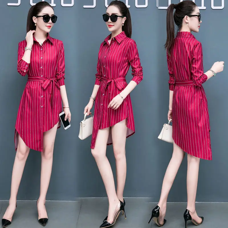 Women Striped Shirt Red White Belted 2019 - Image 8