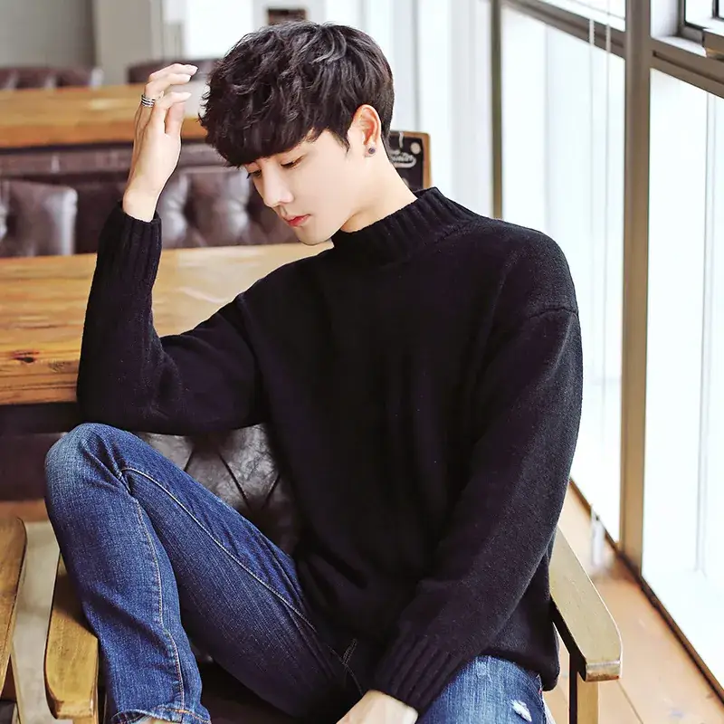 Men's Solid Color Half-Turtleneck Sweater Slim Fit - Image 3