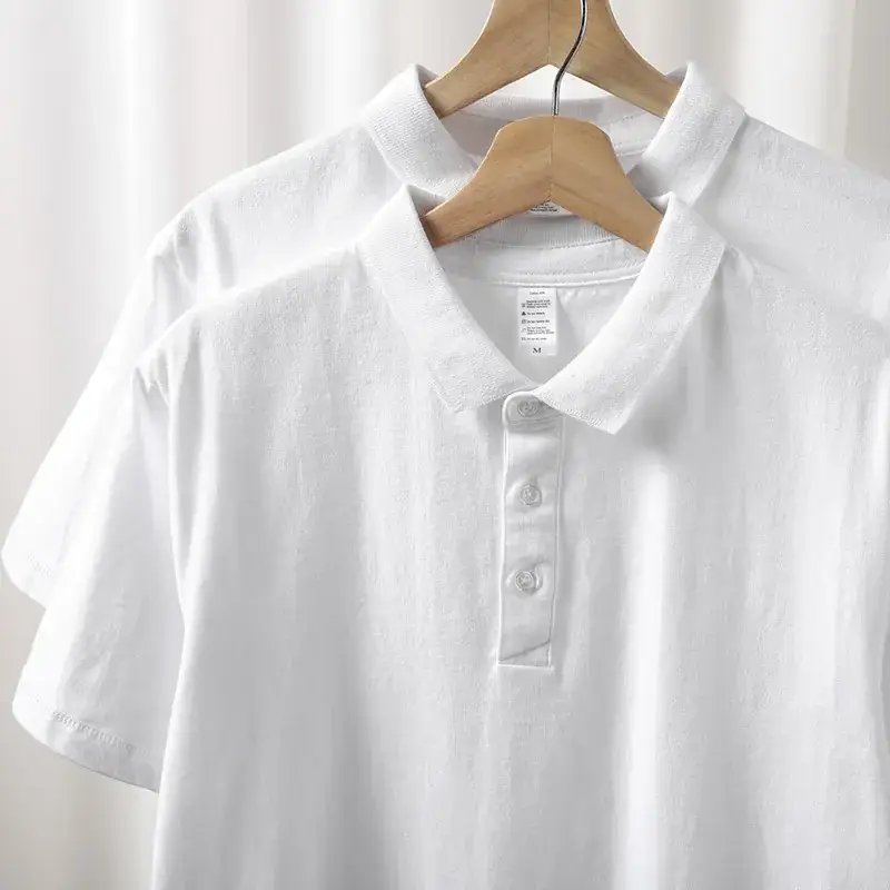 Men's White Cotton Polo Shirt Short Sleeve Heavy Lapel