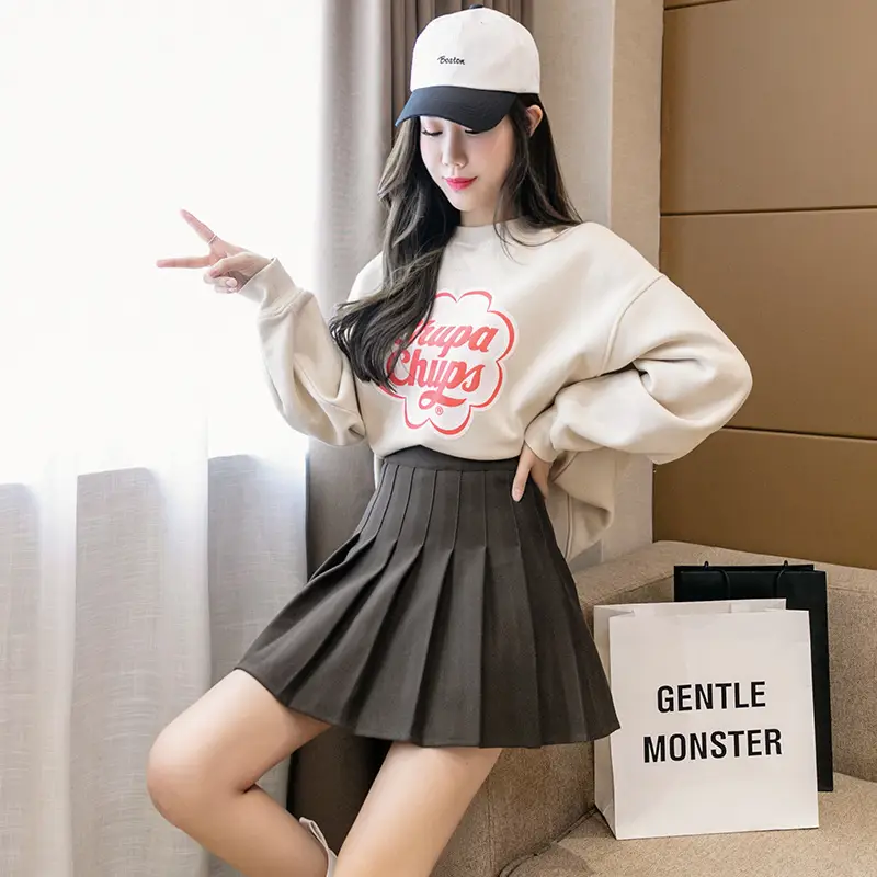 Women Woolen Pleated Skirt Beige High Waist Winter - Image 13