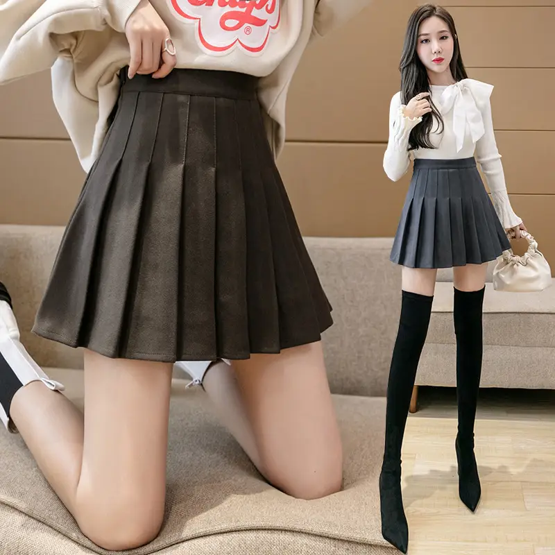 Women Woolen Pleated Skirt Beige High Waist Winter - Image 15