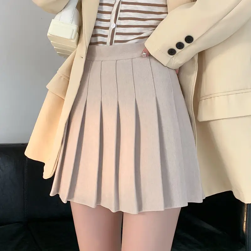 Women Woolen Pleated Skirt Beige High Waist Winter - Image 4