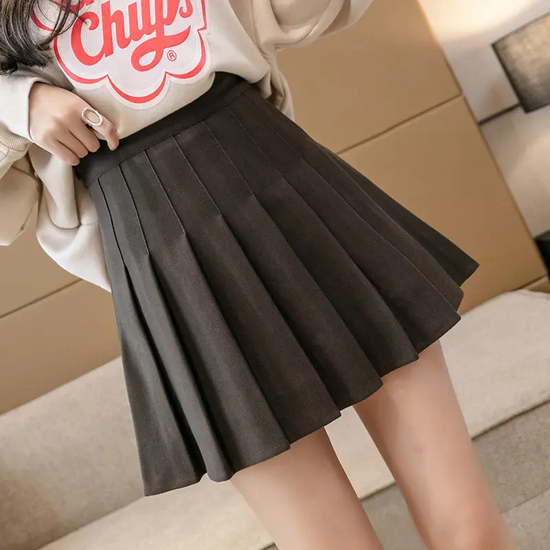 Women Woolen Pleated Skirt Beige High Waist Winter - Image 5