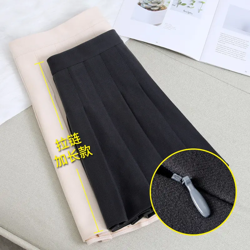 Women Woolen Pleated Skirt Beige High Waist Winter - Image 8