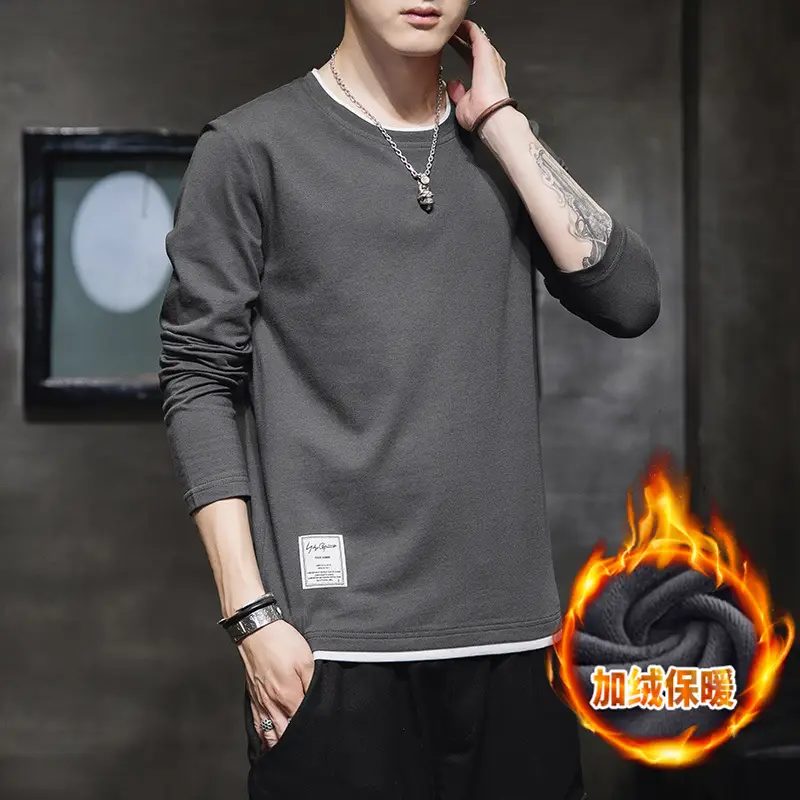 Men Fleece Lined Long Sleeve T-Shirt Light Blue Crewneck - Image 4