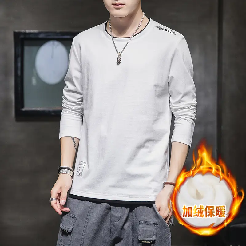 Men Fleece Lined Long Sleeve T-Shirt Light Blue Crewneck - Image 5