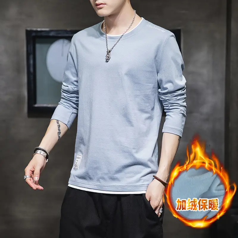 Men Fleece Lined Long Sleeve T-Shirt Light Blue Crewneck - Image 7