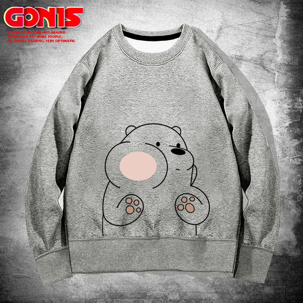 Men's White Bear Print Sweatshirt Spring Autumn Loose Fit