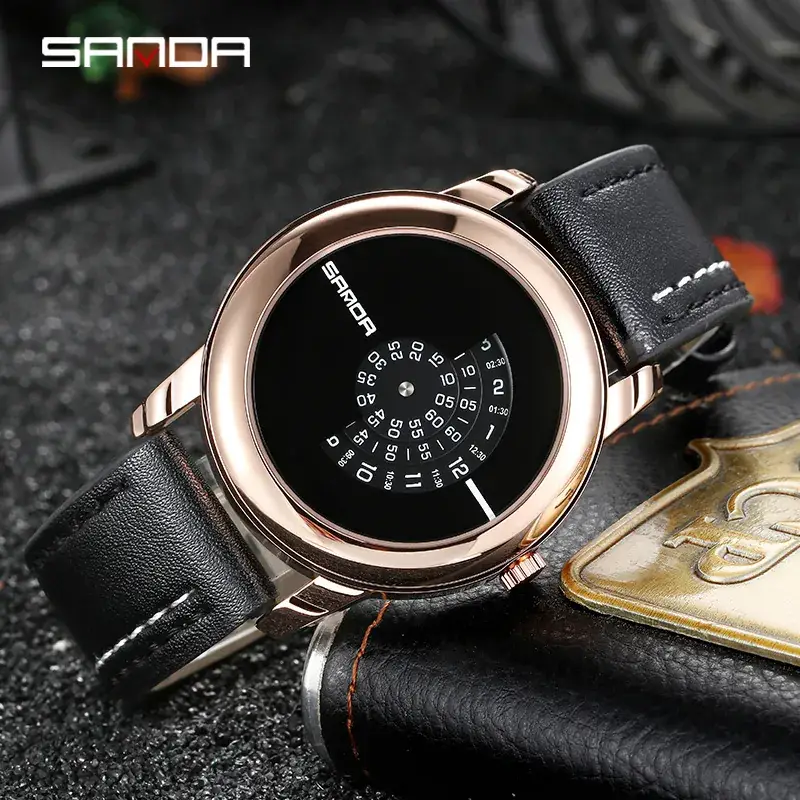 Sanda Waterproof Men's Quartz Watch Black Rose Gold Brown - Image 4