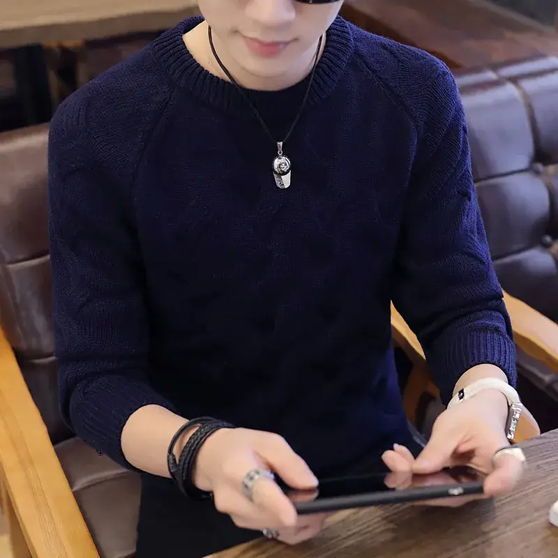Men's Black Long Sleeve Knit Sweater Round Neck - Image 8