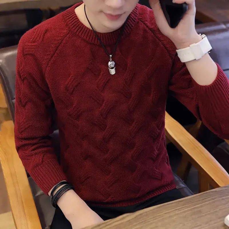 Men's Black Long Sleeve Knit Sweater Round Neck - Image 9