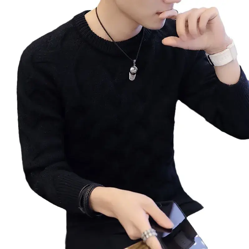 Men's Black Long Sleeve Knit Sweater Round Neck - Image 10