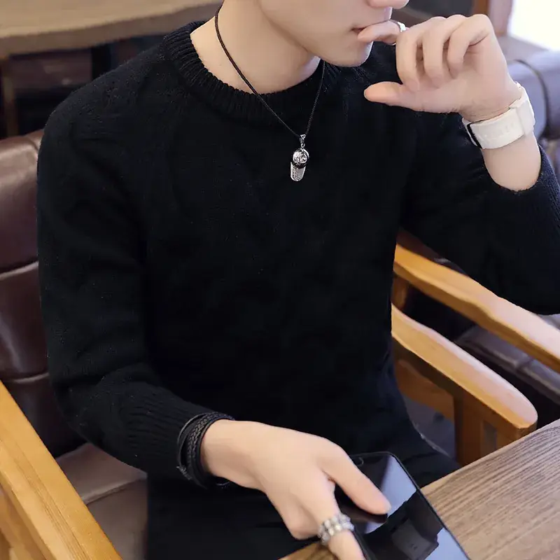 Men's Black Long Sleeve Knit Sweater Round Neck - Image 3