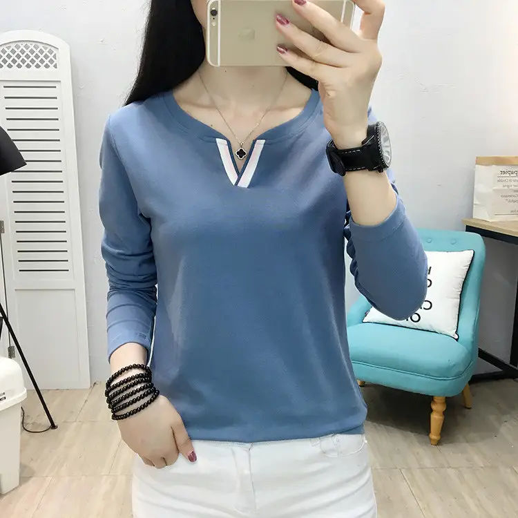 Women Long Sleeve V Neck T-Shirt White Large - Image 6