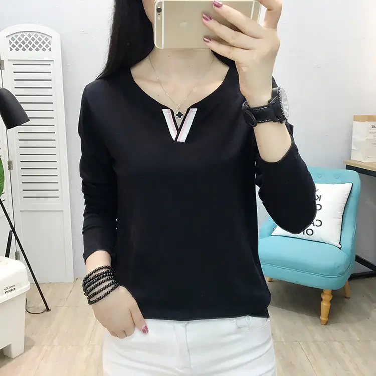 Women Long Sleeve V Neck T-Shirt White Large - Image 7