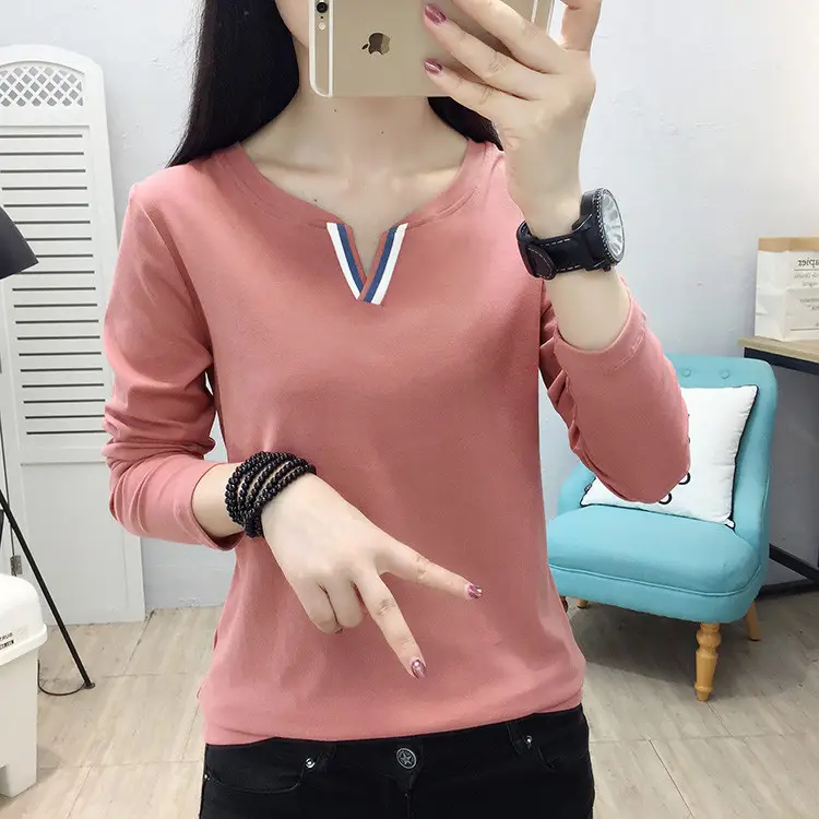 Women Long Sleeve V Neck T-Shirt White Large - Image 8