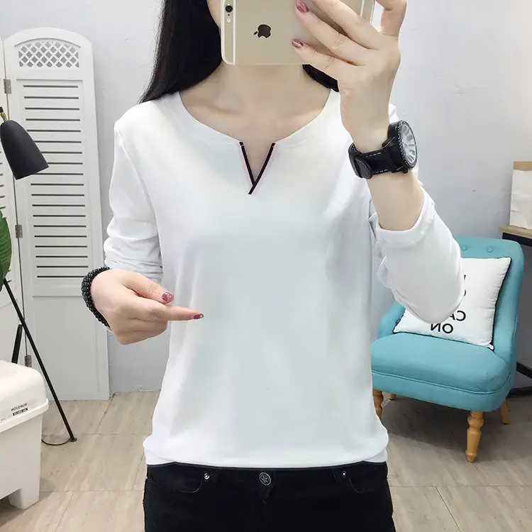 Women Long Sleeve V Neck T-Shirt White Large - Image 9