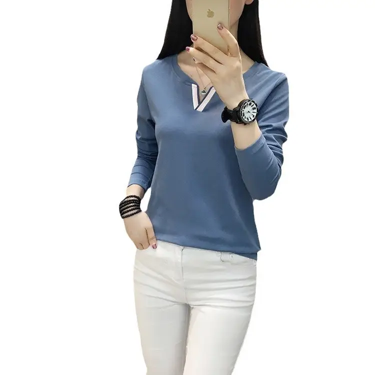 Women Long Sleeve V Neck T-Shirt White Large - Image 10