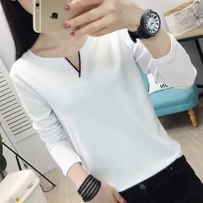 Women Long Sleeve V Neck T-Shirt White Large - Image 3