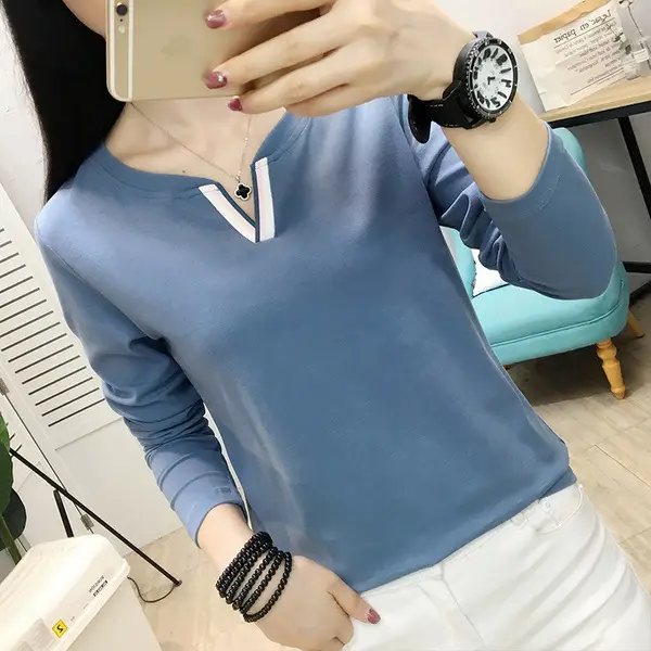 Women Long Sleeve V Neck T-Shirt White Large - Image 4