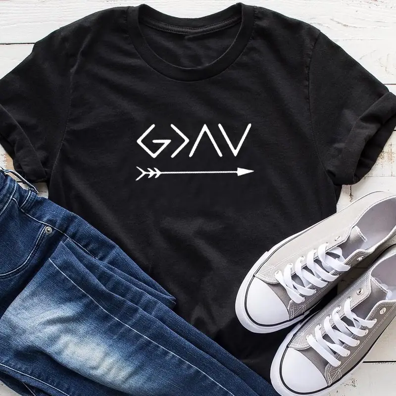 Men Women T-Shirt God Is Greater Arrow Design Yellow - Image 2