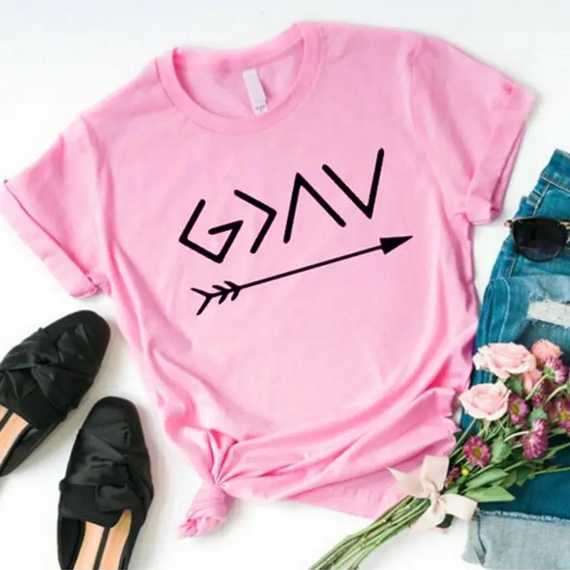 Men Women T-Shirt God Is Greater Arrow Design Yellow - Image 4