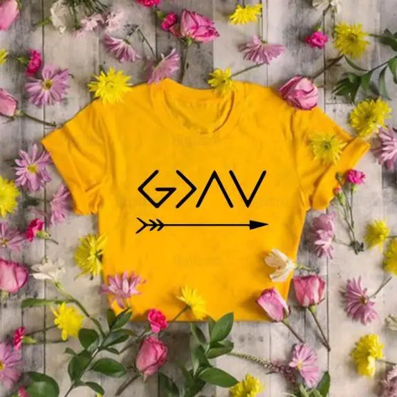 Men Women T-Shirt God Is Greater Arrow Design Yellow - Image 5