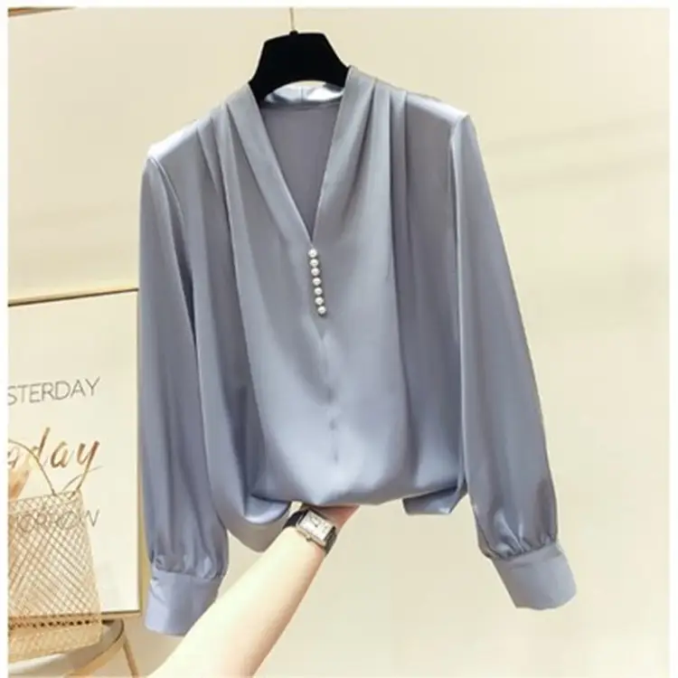 Women V-Neck Chiffon Pullover Grey Long Sleeve