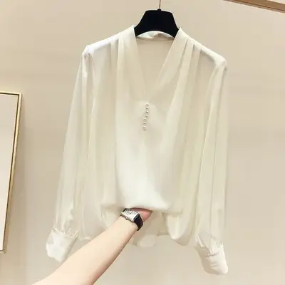 Women V-Neck Chiffon Pullover Grey Long Sleeve